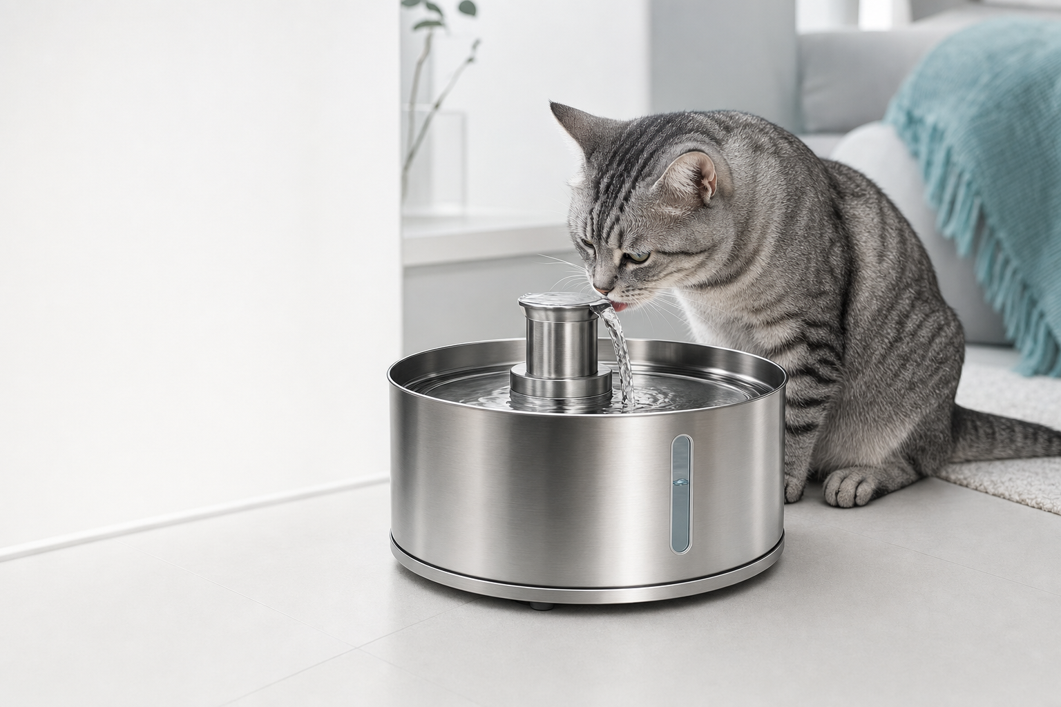 Cat drinking from the FreshPaw stainless steel water fountain
